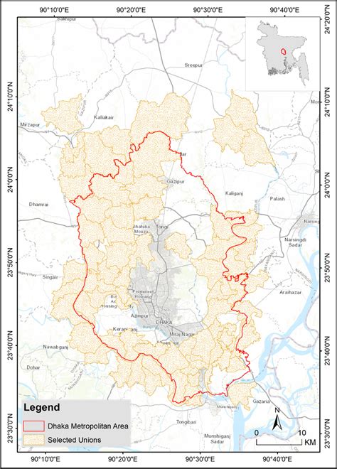 Study area map including Dhaka metropolitan area (DMA) and the selected ...