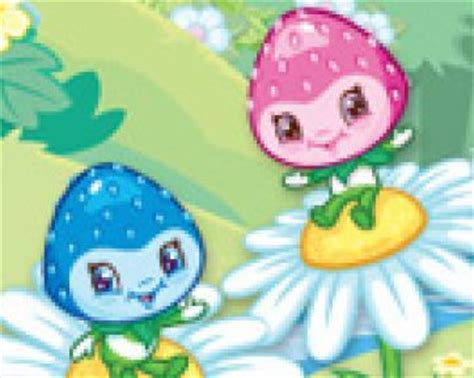 Two Cartoon Characters Sitting On Top Of Flowers In Front Of A Green