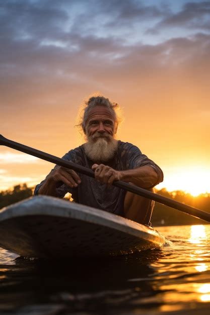 Premium Photo Senior Man Sitting On Sup Board At Sunset