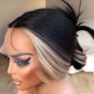 Inch Straight Skunk Stripe Black Blonde Lace Front Long Wig Middle