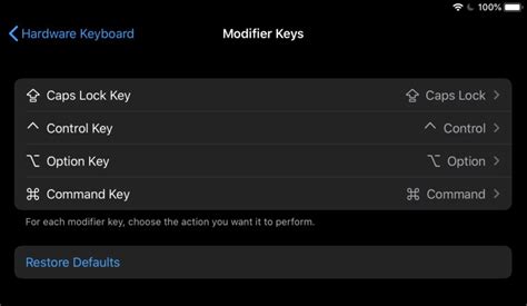 How to customize modifier keys for a keyboard on iPad