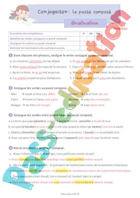 Le Passé Composé Évaluation De Conjugaison Pour Le Cm1 Pdf à Imprimer