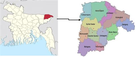 a): Location of Sylhet District in Bangladesh b): Map of Sylhet District | Download Scientific ...