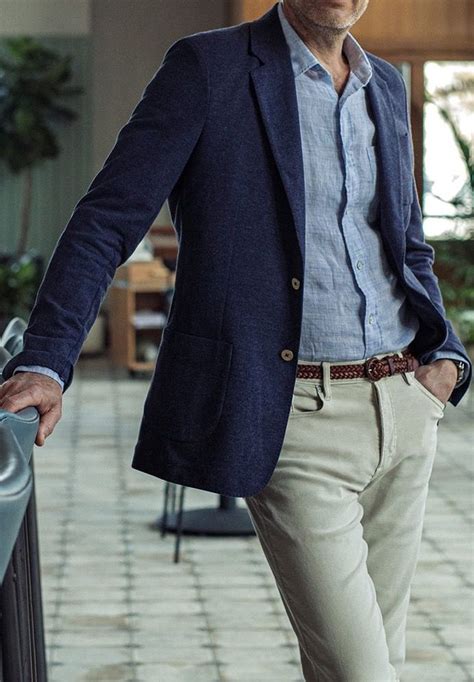 Stylish Navy Blazer With Light Blue Shirt And Beige Chinos