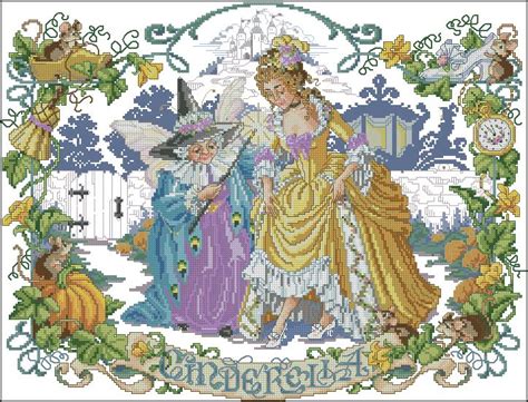 A Cross Stitch Pattern With An Image Of Two Women Dressed As Princesses