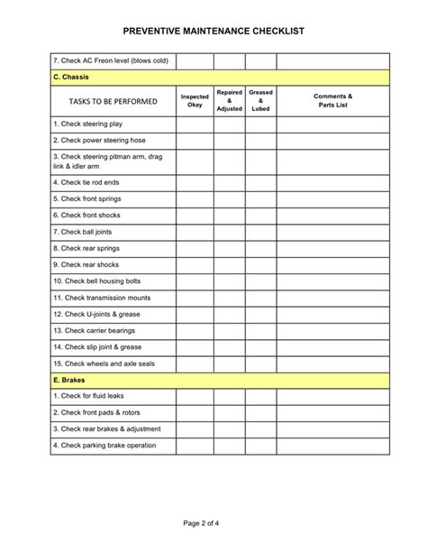 Preventive maintenance check sheet in Word and Pdf formats - page 2 of 4