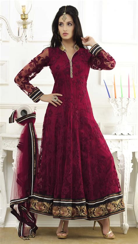 Red Full Sleeve Net Long Anarkali Salwar Kameez 15556