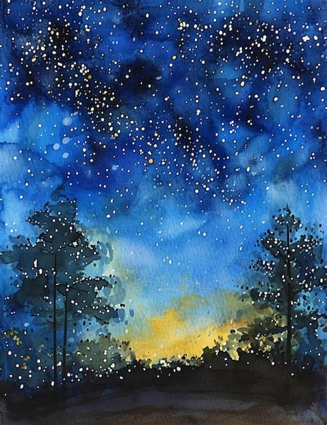 Premium Photo Simple View Of Night Sky Painted In Watercolors AI