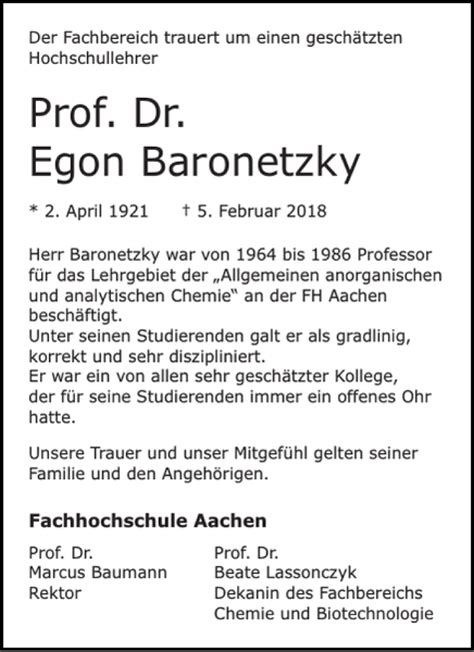 Traueranzeigen Von Prof Dr Egon Baronetzky Aachen Gedenkt