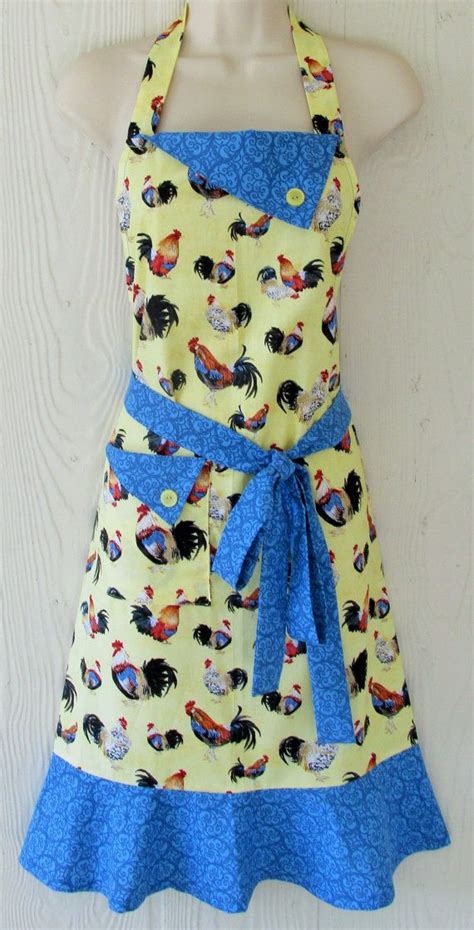 Yellow And Blue Rooster Apron Chicken Apron Retro Full Etsy Chicken Aprons Rooster Aprons