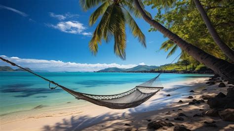 Premium Photo Serene Beach With Hammocks And Palm Trees