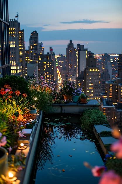 Premium Photo | A view of a city at night from a rooftop garden