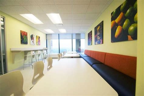 break room design, break room ideas, break room decor, office decor, wall art, white chair ...