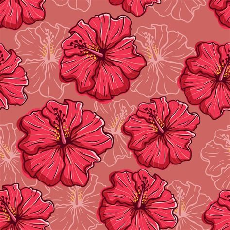 Premium Vector Hand Drawn Hibiscus Flower Seamless Pattern On Red