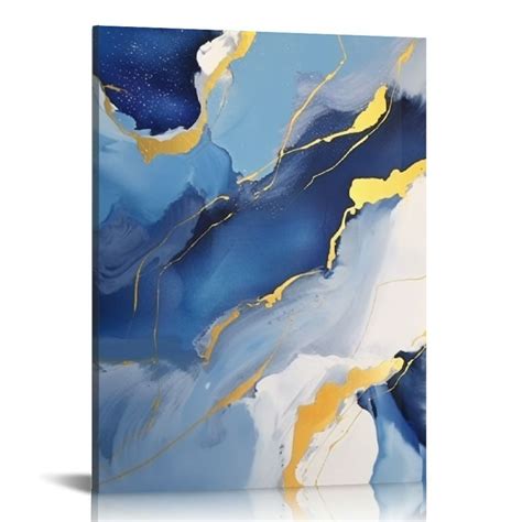 Onetech Blue And Gold Abstract Wall Art Modern Watercolor Painting