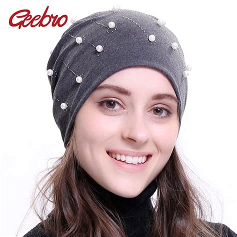 Geebro 2018 New Womens Pearl Beanie Fashion Silver Rhinestone Slouchy