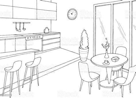 Kitchen Room Graphic Black White Home Interior Sketch Illustration Vector Stock Illustration