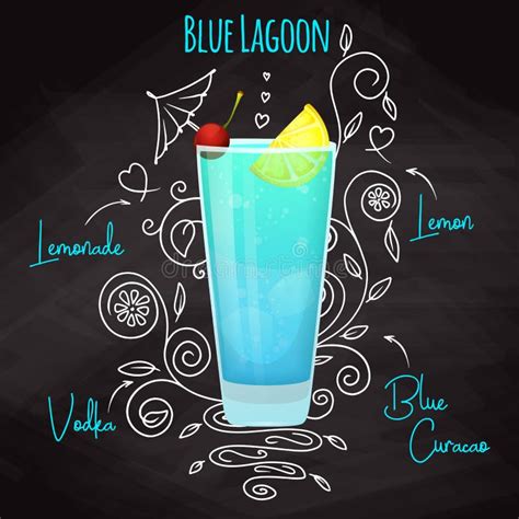 Simple Recipe For An Alcoholic Cocktail Blue Lagoon Drawing Chalk On A Blackboard Vector Stock