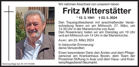 Traueranzeigen von Fritz Mitterstätter Trauer bz