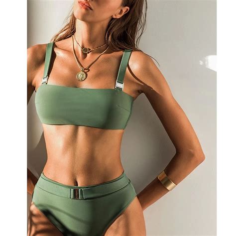 Groene Kleur Hoge Taille Twee Stukken Sexy Bikini Set Badpak