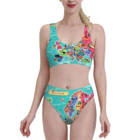 Lukts Women High Waisted Bikini Set Cartoon Map Of Europe Swimsuit 2