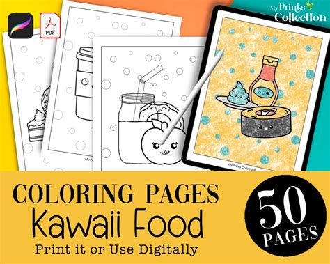 50 Kawaii Food Coloring Pages, Coloring Book Kids Toddler, Instant PDF Download Printable Sheets ...