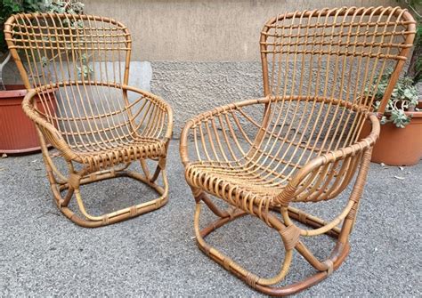 Model P Armchairs In Rattan And Bamboo By Tito Agnoli For Pierantonio