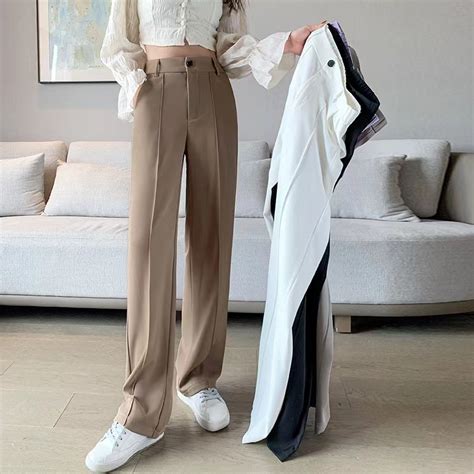 Kinwoo Suit Pants High Waist Slimming Elastic Waist Vertical Leg Pants