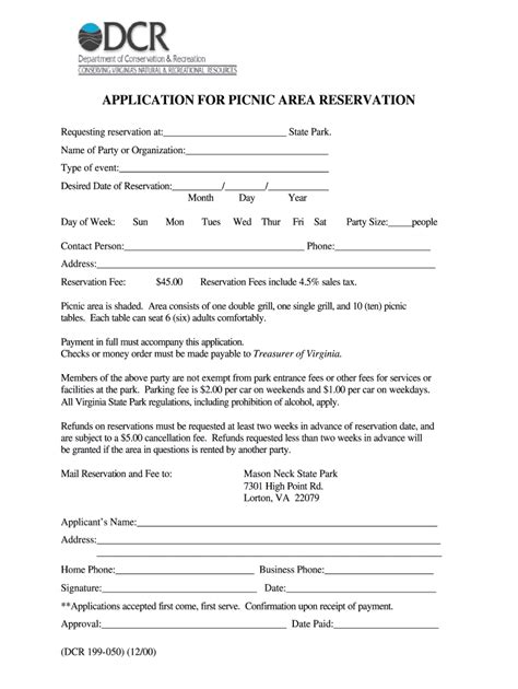 Fillable Online Dcr Virginia APPLICATION FOR PICNIC AREA RESERVATION