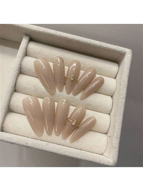 Pcs Handmade Nude Oval Long Press On Nails With D Rhinestones