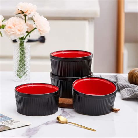 Bruntmor 12 Oz Black Red Ceramic Ramekin Set Of 4 12 Ounces 12