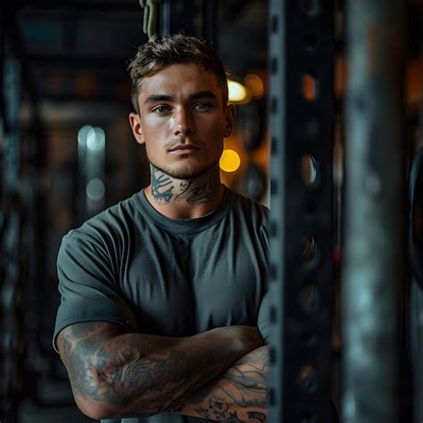 Portrait Of A Fit Shirtless Man With Tattoos Confidently Posing In A Gym Environment Premium