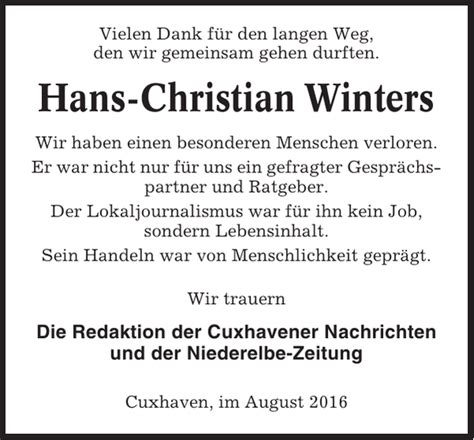 Hans Christian Winters Traueranzeige Cuxhavener Nachrichten