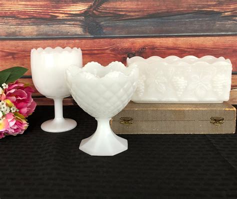 Set Of 3 Milk Glass Centerpiece Pedestal Vases Mismatched Milk Etsy Milk Glass Centerpiece