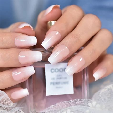 EDA LUXURY BEAUTY Natural Nude Pink Ombre White French Press On Nails Shiny Gel False Nails