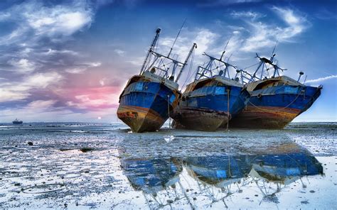 Wallpaper Ship Boat Sea Water Shore Reflection Sky Clouds