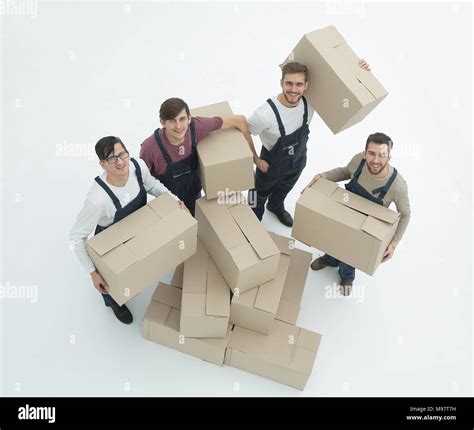 Delivery Men With Cardboard Boxes On White Background Stock Photo Alamy