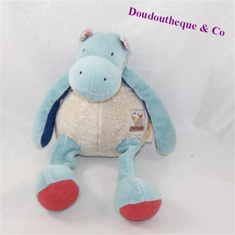 Peluche Hippopotame MOULIN ROTY Les Papoum Bleu Beige 30 Cm SOS D