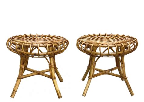 Pair Of Italian Round Stools In Bamboo And Wicker 1960 208264