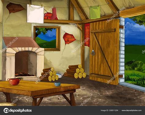 Cartoon Scene With Old Kitchen In Farm House With Nobody On The Stage