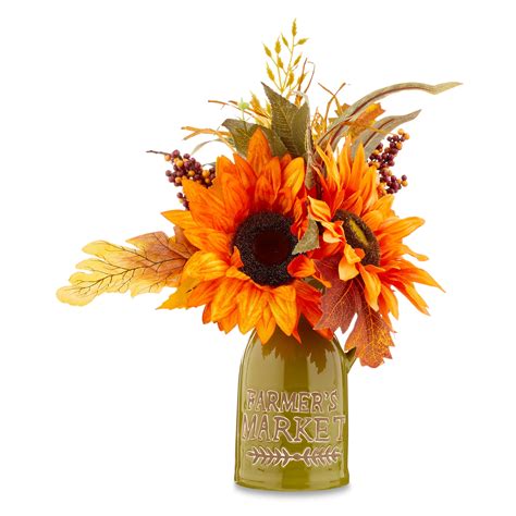 Fall, Harvest Orange Sunflower Arrangement in Green Ceramic Pot ...