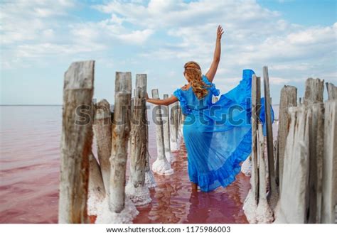 Beautiful Woman Blue Cloak Posing Pink Stock Photo 1175986003