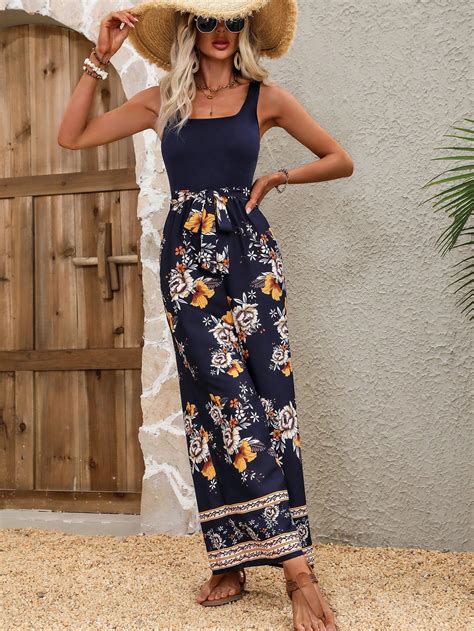 Shein Vcay Floral Print Wide Leg Belted Jumpsuit Shein Usa