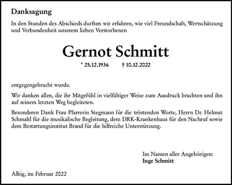 Traueranzeigen Von Gernot Schmitt Vrm Trauer De