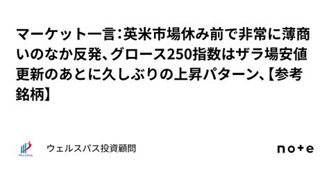 マーケット一言：英米市場休み前で非常に薄商いのなか反発、グロース250指数はザラ場安値更新のあとに久しぶりの上昇パターン、【参考銘柄