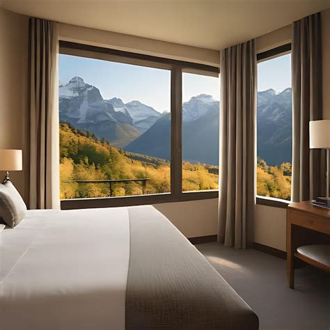 Premium Photo | A hotel room with a view of mountains and a bed with ...