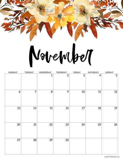 Free Printable 2023 Floral Calendar Monday Start Paper Trail Design