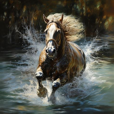 Premium Photo | Painting of horse running through water