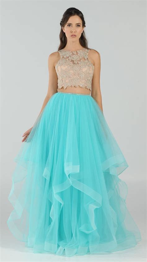 Two Piece Prom Gown Appliqued Crop Top Tiered Skirt Mint Green Two