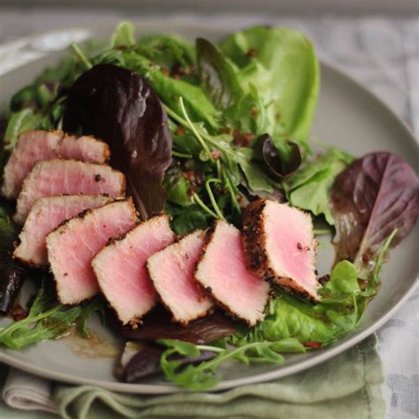 Seared Peppered Tuna With Greens And Vodka Vinaigrette